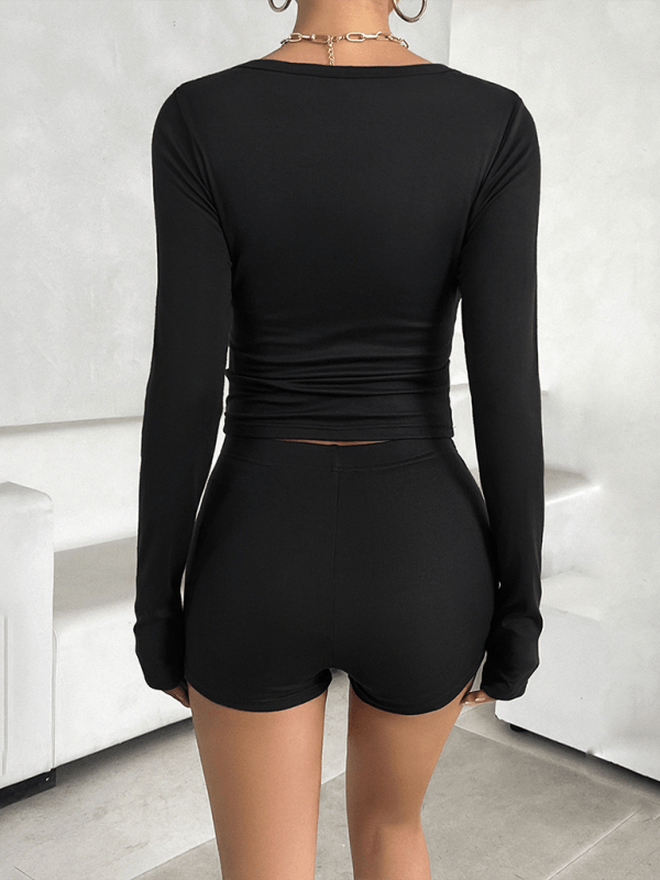 New spring and summer solid color slim long - sleeved tops and trousers two - piece set - Short Suit